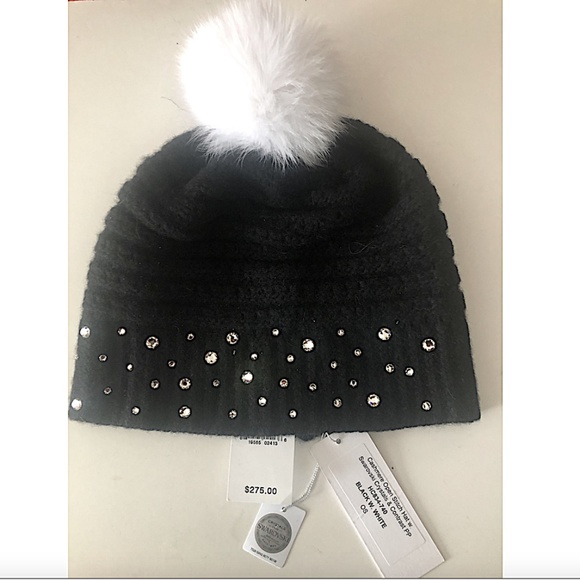 Carolyn Rowan Crystal Cashmere Beanie w/fox Fur Pompom - Picture 7 of 8